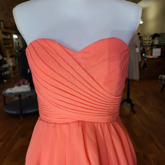 New Coral Peach Chiffon Strapless Dress - Picture 3 of 12